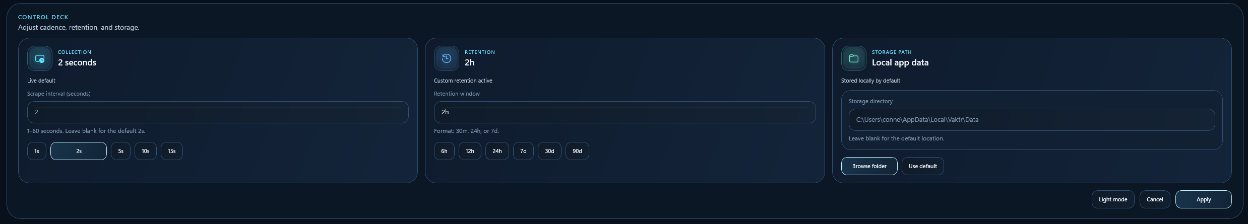 Vaktr control deck with collection, retention, and storage settings